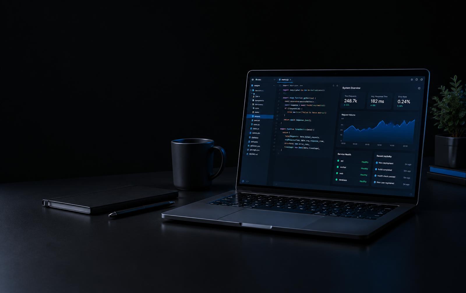 Arkiod engineering workspace with code and system dashboards